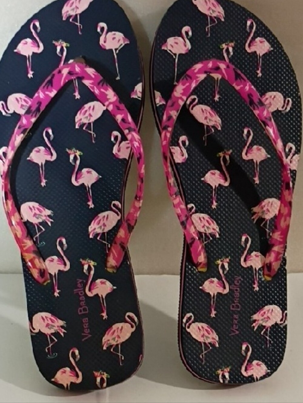 Vera Bradley Navy Flip Flops with Pink Flamingo Pattern